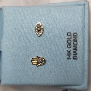 14k stud diamond earrings evil eye hamsa hand new in box